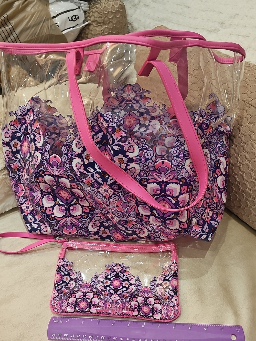 2 PIECE Vera Bradley Clear Tote with Pink Floral Insert and Matching Pouch